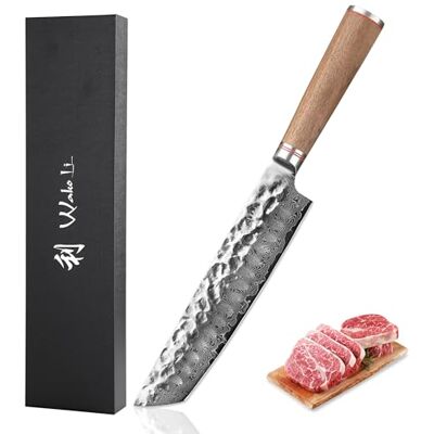 Wakoli Nussbaum Tanto-Chefmesser 20 cm Klinge, 67 Lagen Damast, VG10-Kern Hammerschlag reduziert das Anhaften, Nussbaumholzgriff, 60 ± 2 HRC und beidseitiger 15° V-Schliff für präzise Zugschnitte Wakoli Nussbaum Tanto-Chefmesser 20 cm Klinge, 67 Lagen Damast, VG10-Kern Hammerschlag reduziert das Anhaften, Nussbaumholzgriff, 60 ± 2 HRC und beidseitiger 15° V-Schliff für präzise Zugschnitte