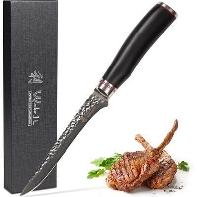 Wakoli EBO Ausbeinmesser 16,5 cm Klinge, 67 Lagen Damaststahl mit VG10-Kern Schmale Klinge mit Hammerschlag, schwarzer Eichenholzgriff, 15° V-Schliff beidseitig, 60 ± 2 HRC, zum Filetieren und Parieren Wakoli EBO Ausbeinmesser 16,5 cm Klinge, 67 Lagen Damaststahl mit VG10-Kern Schmale Klinge mit Hammerschlag, schwarzer Eichenholzgriff, 15° V-Schliff beidseitig, 60 ± 2 HRC, zum Filetieren und Parieren