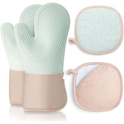 Romon Ofenhandschuhe, Topfhandschuhe Topflappen mit Silikon Handschuh Backofen 4er Set, Hitzebestaendig 350° und Extra Lang Waschbare, Backhandschuhe Kochhandschuhe zum Kochen Backen Grillen, Grün Romon Ofenhandschuhe, Topfhandschuhe Topflappen mit Silikon Handschuh Backofen 4er Set, Hitzebestaendig 350° und Extra Lang Waschbare, Backhandschuhe Kochhandschuhe zum Kochen Backen Grillen, Grün