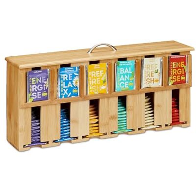 Relaxdays Teebeutelspender, 6 Fächer, Teebeutel Aufbewahrung, Bambus, Teebox, HxBxT: 22 x 46,5 x 10,5 cm, Natur/Silber Relaxdays Teebeutelspender, 6 Fächer, Teebeutel Aufbewahrung, Bambus, Teebox, HxBxT: 22 x 46,5 x 10,5 cm, Natur/Silber