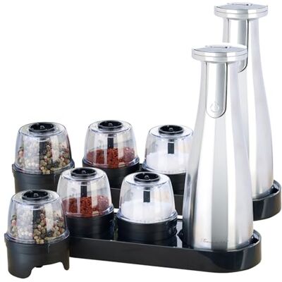 Rosenstein & Söhne Salz & Pfeffer-Mühlen: 2er Set Akku-Multi-Gewürzmühle mit 3x 150-ml-Wechselbehälter (Salz & Pfeffer-Mühlen 3in1, Pfeffermühle, Halter) Rosenstein & Söhne Salz & Pfeffer-Mühlen: 2er Set Akku-Multi-Gewürzmühle mit 3x 150-ml-Wechselbehälter (Salz & Pfeffer-Mühlen 3in1, Pfeffermühle, Halter)