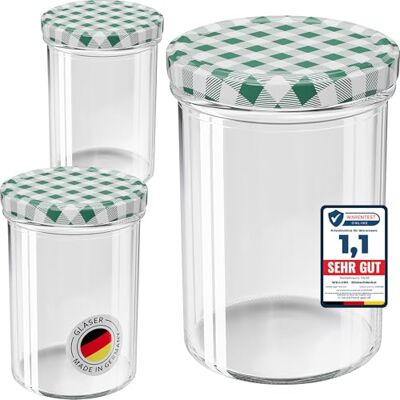 WELLGRO 100x Einmachgläser mit Schraubdeckel 435 ml, 8,5 x 12 cm (ØxH), Glas/Metall, grün karierte Deckel To 82, Gläser Made in Germany WELLGRO 100x Einmachgläser mit Schraubdeckel 435 ml, 8,5 x 12 cm (ØxH), Glas/Metall, grün karierte Deckel To 82, Gläser Made in Germany