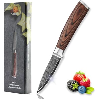 Wakoli EDIB Officemesser mit 8,5 cm Klinge, 67 Lagen Damaststahl, VG10-Kern 19,5 cm Gesamtlänge, symmetrischer Pakkaholzgriff und präzise Führung beim Schälen, Putzen und Schneiden von Obst und Gemüse Wakoli EDIB Officemesser mit 8,5 cm Klinge, 67 Lagen Damaststahl, VG10-Kern 19,5 cm Gesamtlänge, symmetrischer Pakkaholzgriff und präzise Führung beim Schälen, Putzen und Schneiden von Obst und Gemüse