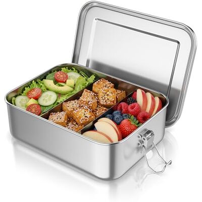 Arendo Lunchbox Edelstahl – Brotdose 1200 ml – mit Fächern – zwei entnehmbare Trennwände auslaufsicher dank Silikondichtung Metall lebensmittelecht Kinder und Erwachsene Arendo Lunchbox Edelstahl – Brotdose 1200 ml – mit Fächern – zwei entnehmbare Trennwände auslaufsicher dank Silikondichtung Metall lebensmittelecht Kinder und Erwachsene