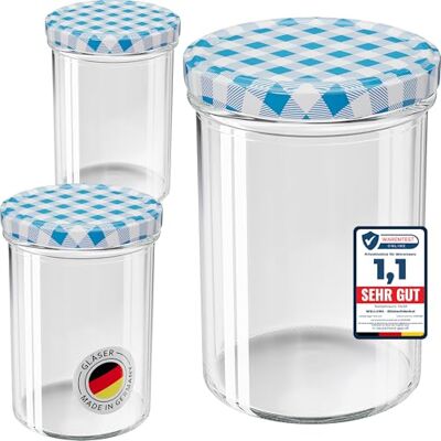 WELLGRO 100x Einmachgläser mit Schraubdeckel 435 ml, 8,5 x 12 cm (ØxH), Glas/Metall, blau karierte Deckel To 82, Gläser Made in Germany WELLGRO 100x Einmachgläser mit Schraubdeckel 435 ml, 8,5 x 12 cm (ØxH), Glas/Metall, blau karierte Deckel To 82, Gläser Made in Germany