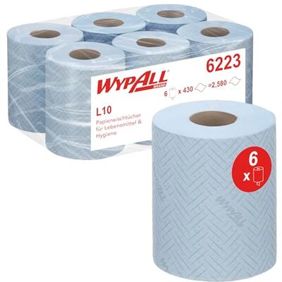 Wypall L10 Papierreinigungstücher, 1-lagige blaue Rolle mit Zentralentnahme, Reinigungstücher für Lebensmittel und Hygiene, 6 Rollen x 430 Papierreinigungstücher (insges. 2.580), Artikel-Nr. 6223 Wypall L10 Papierreinigungstücher, 1-lagige blaue Rolle mit Zentralentnahme, Reinigungstücher für Lebensmittel und Hygiene, 6 Rollen x 430 Papierreinigungstücher (insges. 2.580), Artikel-Nr. 6223