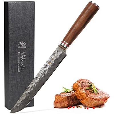 Wakoli Nussbaum Tranchier- und Fleischmesser 20 cm, Damaststahl, VG-10-Kern Hamokiri-Form, 67 Lagen, Hammerschlag & Nussbaumholzgriff; 15° V-Schliff je Seite, 60±2 HRC; für Braten & Steak, Geschenkbox. Wakoli Nussbaum Tranchier- und Fleischmesser 20 cm, Damaststahl, VG-10-Kern Hamokiri-Form, 67 Lagen, Hammerschlag & Nussbaumholzgriff; 15° V-Schliff je Seite, 60±2 HRC; für Braten & Steak, Geschenkbox.