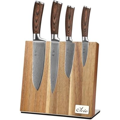 Wakoli EDIB 4-teiliges Damast Küchenmesser Set & magnetischer Messerblock Damastmesser Set aus 67 Lagen Damaststahl mit VG10-Kern, Pakkaholzgriffe, Messerblock aus Akazienholz mit Edelstahlsockel Wakoli EDIB 4-teiliges Damast Küchenmesser Set & magnetischer Messerblock Damastmesser Set aus 67 Lagen Damaststahl mit VG10-Kern, Pakkaholzgriffe, Messerblock aus Akazienholz mit Edelstahlsockel