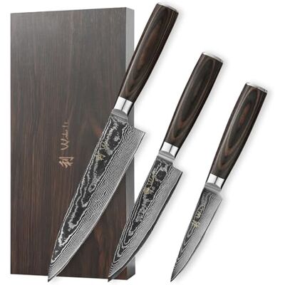 Wakoli EDIB Essentials 3er Messerset aus 67 Lagen Damaststahl mit VG10-Kern Chefmesser, kleines Chefmesser und Officemesser; Pakkaholzgriffe, Holzbox, 60 ± 2 HRC, für Fleisch, Fisch, Gemüse und Obst Wakoli EDIB Essentials 3er Messerset aus 67 Lagen Damaststahl mit VG10-Kern Chefmesser, kleines Chefmesser und Officemesser; Pakkaholzgriffe, Holzbox, 60 ± 2 HRC, für Fleisch, Fisch, Gemüse und Obst