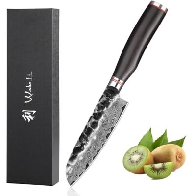 Wakoli EBO Kleines Santokumesser mit 12 cm Klinge, 67 Lagen Damaststahl VG10-Kern, 23 cm Gesamtlänge, 15° V-Schliff beidseitig, Hammerschlag, schwarzer Eichenholzgriff, für Gemüse und Obst Wakoli EBO Kleines Santokumesser mit 12 cm Klinge, 67 Lagen Damaststahl VG10-Kern, 23 cm Gesamtlänge, 15° V-Schliff beidseitig, Hammerschlag, schwarzer Eichenholzgriff, für Gemüse und Obst