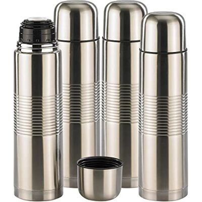 Rosenstein & Söhne Vakuum-Flasche: 4er-Set Edelstahl-Isolierflaschen mit Becher im Deckel, 1,0 l (Reise Isolierflasche, Tee Flasche, Winter) Rosenstein & Söhne Vakuum-Flasche: 4er-Set Edelstahl-Isolierflaschen mit Becher im Deckel, 1,0 l (Reise Isolierflasche, Tee Flasche, Winter)