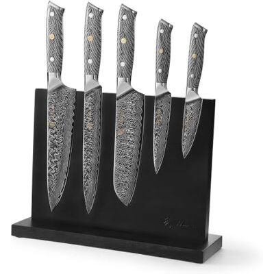 Wakoli NoirBlanc Damast Küchenmesser Set & magnetischer Messerblock 5-teiliges Damastmesser Set aus 67 Lagen Damaststahl mit VG10-Kern, G10-Griffe, Messerblock mit einseitiger Magnetfläche Wakoli NoirBlanc Damast Küchenmesser Set & magnetischer Messerblock 5-teiliges Damastmesser Set aus 67 Lagen Damaststahl mit VG10-Kern, G10-Griffe, Messerblock mit einseitiger Magnetfläche