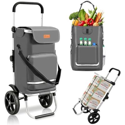 Sekey XXL faltbarer Einkaufstrolley, extra groß 60L klappbarer Trolley Grau 3-in-1 leichter Einkaufswagen mit höhenverstellbarem Griff, Aluminium, Kühlfach und Getränkefach für Camping und Einkäuf Sekey XXL faltbarer Einkaufstrolley, extra groß 60L klappbarer Trolley Grau 3-in-1 leichter Einkaufswagen mit höhenverstellbarem Griff, Aluminium, Kühlfach und Getränkefach für Camping und Einkäuf