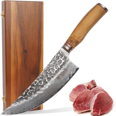 Wakoli Olive HS Wiegemesser, 20 cm Klinge, 67 Lagen Damaststahl, VG-10-Kern Breite Klinge für Gemüse, Kräuter, Fleisch & Fisch; Hammerschlag, Olivenholzgriff, 15° V-Schliff je Seite, 60±2 HRC, Holzbox. Wakoli Olive HS Wiegemesser, 20 cm Klinge, 67 Lagen Damaststahl, VG-10-Kern Breite Klinge für Gemüse, Kräuter, Fleisch & Fisch; Hammerschlag, Olivenholzgriff, 15° V-Schliff je Seite, 60±2 HRC, Holzbox.