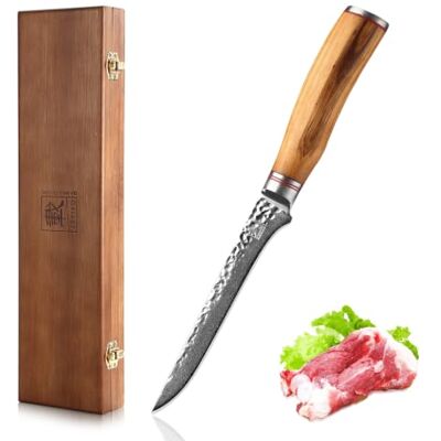 Wakoli Zayiko Minami Olive Ausbein- & Filetiermesser 16,5 cm, 67 Lagen Damaststahl Schmale, flexible Klinge mit VG-10-Kern, Hammerschlag, Olivenholzgriff, 15° V-Schliff beidseitig, 60±2 HRC, inklusive Holzbox Wakoli Zayiko Minami Olive Ausbein- & Filetiermesser 16,5 cm, 67 Lagen Damaststahl Schmale, flexible Klinge mit VG-10-Kern, Hammerschlag, Olivenholzgriff, 15° V-Schliff beidseitig, 60±2 HRC, inklusive Holzbox