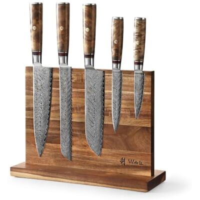 Wakoli Culinary Sycamore Damast Küchenmesser Set & magnetischer Messerblock 5-teiliges Damastmesser Set aus 67 Lagen Damaststahl mit VG10-Kern, Berghorngriffe, Messerblock aus Akazienholz Wakoli Culinary Sycamore Damast Küchenmesser Set & magnetischer Messerblock 5-teiliges Damastmesser Set aus 67 Lagen Damaststahl mit VG10-Kern, Berghorngriffe, Messerblock aus Akazienholz