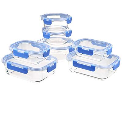 Amazon Lebensmittelbehälter mit fest verschließbaren Deckeln aus Glas, 14 Stück Set, 7 Behälter und 7 BPA-freie Deckel, Transparent mit Blauem Silikonstreifen Amazon Lebensmittelbehälter mit fest verschließbaren Deckeln aus Glas, 14 Stück Set, 7 Behälter und 7 BPA-freie Deckel, Transparent mit Blauem Silikonstreifen