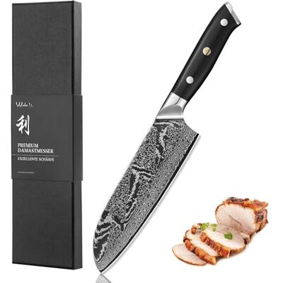 Wakoli Nitoko Santokumesser 18 cm, 67 Lagen Damaststahl mit VG10 Kern Full-Tang-Konstruktion, G10-Griff, 15° V-Schliff beidseitig, 60 ± 2 HRC, symmetrisch für Rechts- und Linkshänder, Geschenkbox Wakoli Nitoko Santokumesser 18 cm, 67 Lagen Damaststahl mit VG10 Kern Full-Tang-Konstruktion, G10-Griff, 15° V-Schliff beidseitig, 60 ± 2 HRC, symmetrisch für Rechts- und Linkshänder, Geschenkbox