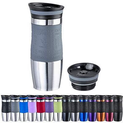 WELLGRO Thermobecher 400 ml + 1 Extradeckel Edelstahl rostfrei Silikon Soft-Touch Griffstück BPA-frei Isolierbecher doppelwandig Travel Mug Kaffeebecher to go, Farbe:Grau WELLGRO Thermobecher 400 ml + 1 Extradeckel Edelstahl rostfrei Silikon Soft-Touch Griffstück BPA-frei Isolierbecher doppelwandig Travel Mug Kaffeebecher to go, Farbe:Grau