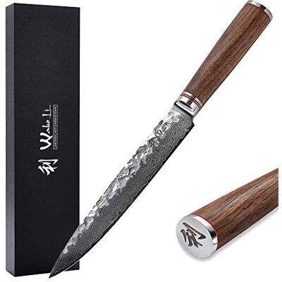 Wakoli Nussbaum Fleischmesser 20 cm Klinge, 67 Lagen Damaststahl, VG10-Kern Hammerschlag, Nussbaumholzgriff, 60 ± 2 HRC und beidseitiger 15° V-Schliff für sauberes Tranchieren von Fleisch und Braten Wakoli Nussbaum Fleischmesser 20 cm Klinge, 67 Lagen Damaststahl, VG10-Kern Hammerschlag, Nussbaumholzgriff, 60 ± 2 HRC und beidseitiger 15° V-Schliff für sauberes Tranchieren von Fleisch und Braten