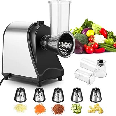COOCHEER Elektrischer Gemüseschneider Edelstahl Gemüsehobel, 250W Multi Küchenreibe Zerkleinerer Gemüseraspe mit 5 Schneidetrommeln, Silber / Schwarz COOCHEER Elektrischer Gemüseschneider Edelstahl Gemüsehobel, 250W Multi Küchenreibe Zerkleinerer Gemüseraspe mit 5 Schneidetrommeln, Silber / Schwarz