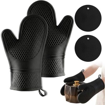 Carehabi Ofenhandschuhe 4er Set, 2 Topflappen, Hitzebeständig bis 230°C 4-teiliges Set, 2 Silikon-Ofenhandschuhe und 2 Topflappen, bis 230 °C, rutschfestes Wabenmuster, Baumwollfutter Carehabi Ofenhandschuhe 4er Set, 2 Topflappen, Hitzebeständig bis 230°C 4-teiliges Set, 2 Silikon-Ofenhandschuhe und 2 Topflappen, bis 230 °C, rutschfestes Wabenmuster, Baumwollfutter