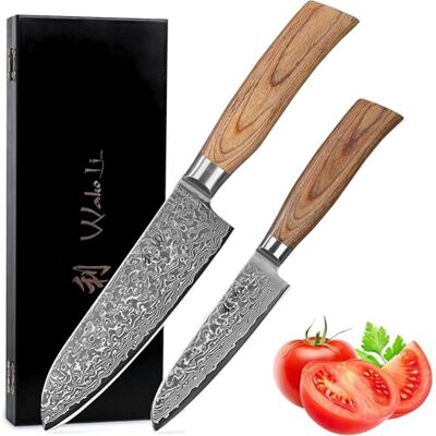 Wakoli EDIB Pro Santoku Set 2-teilig aus 67 Lagen Damaststahl mit VG10 Kern 16 und 11 cm Klingen, 15° V-Schliff, Pakkaholzgriffe; großes und kleines Santoku für Gemüse, Fleisch, Fisch und Feinarbeiten. Wakoli EDIB Pro Santoku Set 2-teilig aus 67 Lagen Damaststahl mit VG10 Kern 16 und 11 cm Klingen, 15° V-Schliff, Pakkaholzgriffe; großes und kleines Santoku für Gemüse, Fleisch, Fisch und Feinarbeiten.