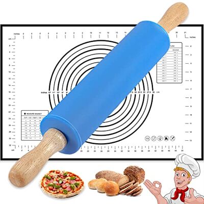 BEIJIE Nudelholz mit Backmatte 43,2 cm Groß Edelstahl Teigroller mit Silikon Beschichtet Antihaft Teigrolle Backzubehör mit Holzgriff für Pizza, Nudelteig, Cookie, Kuchen, Fondant, Gebäc, Teig Blau BEIJIE Nudelholz mit Backmatte 43,2 cm Groß Edelstahl Teigroller mit Silikon Beschichtet Antihaft Teigrolle Backzubehör mit Holzgriff für Pizza, Nudelteig, Cookie, Kuchen, Fondant, Gebäc, Teig Blau