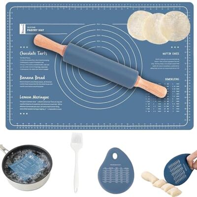 AEMCHDM Nudelholz Silikon Teigroller mit Holzgriff, 60 x 40 CM Blau Ausrollmatte, Backmatte Silikon + Teigkarte + Pinsel, Extra Dick Rutschfeste Backunterlage für Fondant Gebäck Pizza, BPA Frei AEMCHDM Nudelholz Silikon Teigroller mit Holzgriff, 60 x 40 CM Blau Ausrollmatte, Backmatte Silikon + Teigkarte + Pinsel, Extra Dick Rutschfeste Backunterlage für Fondant Gebäck Pizza, BPA Frei