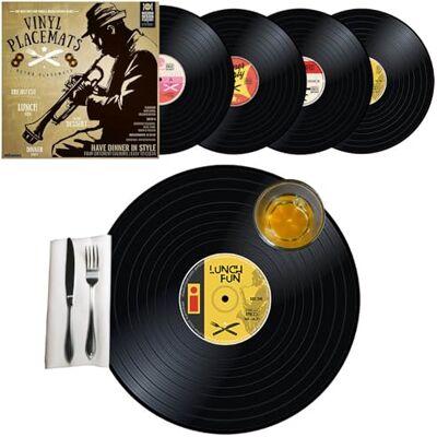 mikamax – Vinyl Platzsets – Runde Schallplatten Platzsets – Tischdekoration – 3 mm Dick Retro Set aus 4 – Nostalgische Schallplatten – Schwarz – Robuster und Langlebiger Tischschutz mikamax – Vinyl Platzsets – Runde Schallplatten Platzsets – Tischdekoration – 3 mm Dick Retro Set aus 4 – Nostalgische Schallplatten – Schwarz – Robuster und Langlebiger Tischschutz
