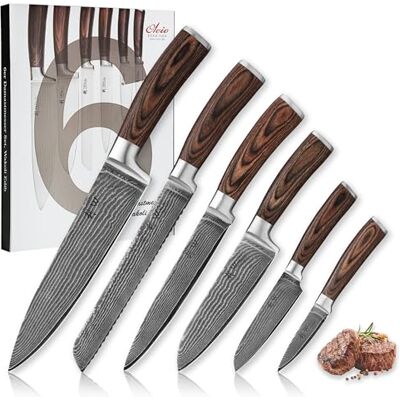 Wakoli EDIB 6er Küchenmesser-Set aus 67 Lagen Damaststahl mit VG10-Kern Chefmesser, Brotmesser, Fleischmesser, Santoku, kleines Santoku und Officemesser für Schneiden, Tranchieren und Schälen. Wakoli EDIB 6er Küchenmesser-Set aus 67 Lagen Damaststahl mit VG10-Kern Chefmesser, Brotmesser, Fleischmesser, Santoku, kleines Santoku und Officemesser für Schneiden, Tranchieren und Schälen.