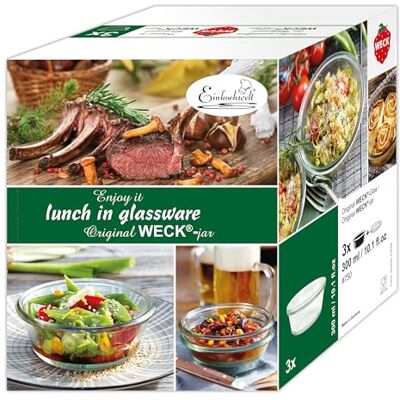 Weck Gourmetgläser 300 ml 3er Karton (Gourmetgläser für Salate oder kleine Mahlzeiten, mit 120 mm RR-Deckel) 19815, Durchsichtig Weck Gourmetgläser 300 ml 3er Karton (Gourmetgläser für Salate oder kleine Mahlzeiten, mit 120 mm RR-Deckel) 19815, Durchsichtig