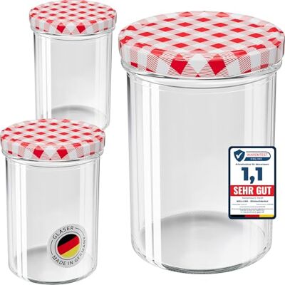 WELLGRO 200x Einmachgläser mit Schraubdeckel 435 ml, 8,5 x 12 cm (ØxH), Glas/Metall, rot karierte Deckel To 82, Gläser Made in Germany WELLGRO 200x Einmachgläser mit Schraubdeckel 435 ml, 8,5 x 12 cm (ØxH), Glas/Metall, rot karierte Deckel To 82, Gläser Made in Germany