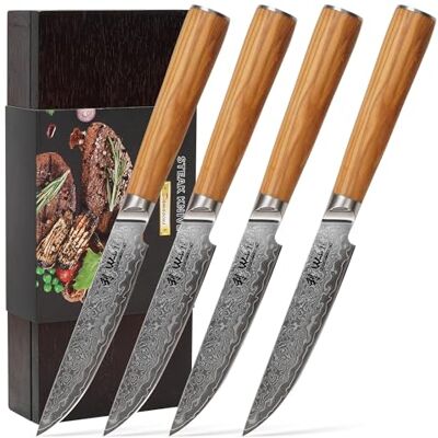 Wakoli Oribu 4er Steakmesser-Set, 12,5 cm Klingen, Damaststahl, VG10-Kern Olivenholzgriffe, glatte Klingen mit 15°-V-Schliff, Holzbox; für Steak, Braten und Grillfleisch, für Rechts- und Linkshänder. Wakoli Oribu 4er Steakmesser-Set, 12,5 cm Klingen, Damaststahl, VG10-Kern Olivenholzgriffe, glatte Klingen mit 15°-V-Schliff, Holzbox; für Steak, Braten und Grillfleisch, für Rechts- und Linkshänder.