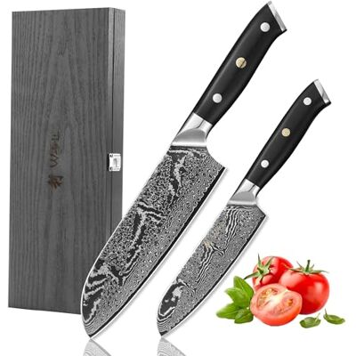 Wakoli Nitoko Santokumesser-Set 2-teilig, 67 Lagen Damaststahl, VG10-Kern Zwei Santoku mit 18,5/12,5 cm Klingen, Full-Tang-Bauweise, G10-Griffen, 60 ± 2 HRC und beidseitigem 15° V-Schliff Wakoli Nitoko Santokumesser-Set 2-teilig, 67 Lagen Damaststahl, VG10-Kern Zwei Santoku mit 18,5/12,5 cm Klingen, Full-Tang-Bauweise, G10-Griffen, 60 ± 2 HRC und beidseitigem 15° V-Schliff