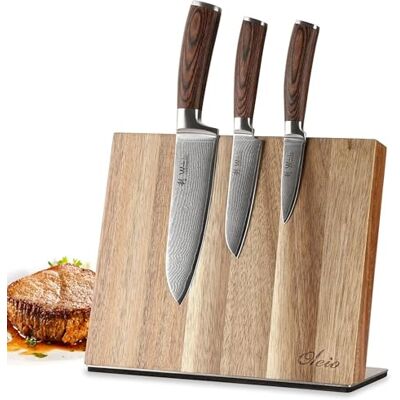 Wakoli EDIB 3-teiliges Damast Küchenmesser Set & magnetischer Messerblock Damastmesser Set aus 67 Lagen Damaststahl mit VG10-Kern, Pakkaholzgriffe, Messerblock aus Akazienholz mit Edelstahlsockel Wakoli EDIB 3-teiliges Damast Küchenmesser Set & magnetischer Messerblock Damastmesser Set aus 67 Lagen Damaststahl mit VG10-Kern, Pakkaholzgriffe, Messerblock aus Akazienholz mit Edelstahlsockel