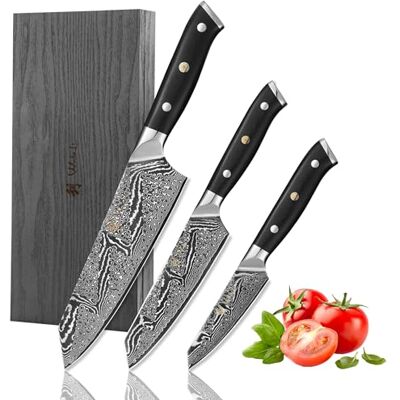 Wakoli Nitoko 3-teiliges Damastmesser-Set, 67 Lagen Damaststahl, VG10 Kern Großes und kleines Kiritsukemesser sowie Mukimono; G10-Griffe, Full Tang, beidseitiger 15° V-Schliff, 60 ± 2 HRC, mit Holzbox Wakoli Nitoko 3-teiliges Damastmesser-Set, 67 Lagen Damaststahl, VG10 Kern Großes und kleines Kiritsukemesser sowie Mukimono; G10-Griffe, Full Tang, beidseitiger 15° V-Schliff, 60 ± 2 HRC, mit Holzbox