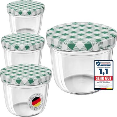 WELLGRO 25x Einmachgläser mit Schraubdeckel 230 ml, 8,5 x 6,5 cm (ØxH), Glas/Metall, grün karierte Deckel To 82, Gläser Made in Germany WELLGRO 25x Einmachgläser mit Schraubdeckel 230 ml, 8,5 x 6,5 cm (ØxH), Glas/Metall, grün karierte Deckel To 82, Gläser Made in Germany