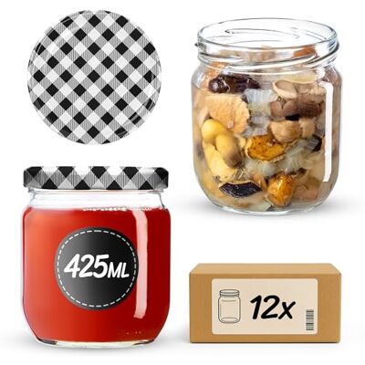 KADAX 12er Set Einmachgläser 425ml TO82 Schwarz kariert, Sturzgläser Mason Jar mit Schraubdeckel, Luftdichte Twist-off Gläser, Meal Prep, Overnight Oats, Sauerteig KADAX 12er Set Einmachgläser 425ml TO82 Schwarz kariert, Sturzgläser Mason Jar mit Schraubdeckel, Luftdichte Twist-off Gläser, Meal Prep, Overnight Oats, Sauerteig