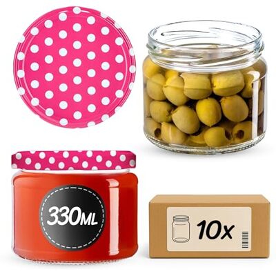 KADAX 10er Set Marmeladengläser 330ml TO82 Rosa gepunktet, Einmachgläser Vorratsgläser Mason Jar mit Schraubdeckel, Luftdichte Schraubgläser, Honig & Konfitüre KADAX 10er Set Marmeladengläser 330ml TO82 Rosa gepunktet, Einmachgläser Vorratsgläser Mason Jar mit Schraubdeckel, Luftdichte Schraubgläser, Honig & Konfitüre