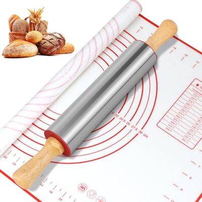BOCHION Nudelholz mit Backmatte Silikon, Groß Edelstahl Teigroller mit Holzgriffen, 43 cm Antihaft Metall Teigroller, Küche Teigausroller, Backen Zubehör für Pizza, Nudelteig, Cookie, Kuchen, Fondant, Gebäc BOCHION Nudelholz mit Backmatte Silikon, Groß Edelstahl Teigroller mit Holzgriffen, 43 cm Antihaft Metall Teigroller, Küche Teigausroller, Backen Zubehör für Pizza, Nudelteig, Cookie, Kuchen, Fondant, Gebäc