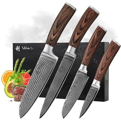 Wakoli EDIB 4-teiliges Damast Küchenmesser Set aus 67 Lagen Damaststahl Damastmesser Set mit VG10-Kern: Santoku, Fleischmesser & Officemesser, Pakkaholzgriffe, in Geschenkbox Wakoli EDIB 4-teiliges Damast Küchenmesser Set aus 67 Lagen Damaststahl Damastmesser Set mit VG10-Kern: Santoku, Fleischmesser & Officemesser, Pakkaholzgriffe, in Geschenkbox