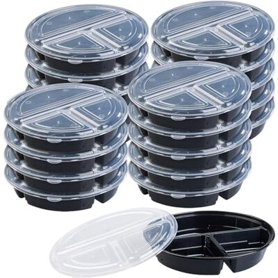 Rosenstein & Söhne Bento-Lunchbox: 20er-Set Lebensmittel-Boxen mit 3 Fächern und Deckeln, 900 ml, rund (Vesperdosen, Meal-Prepping-Boxen, Frischhaltedosen) Rosenstein & Söhne Bento-Lunchbox: 20er-Set Lebensmittel-Boxen mit 3 Fächern und Deckeln, 900 ml, rund (Vesperdosen, Meal-Prepping-Boxen, Frischhaltedosen)