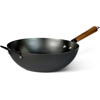 Amazon Eingebrannter Wok aus Kohlenstoffstahl mit Akazienholzgriff, Für alle Herdarten geeignet, 32cm Amazon Eingebrannter Wok aus Kohlenstoffstahl mit Akazienholzgriff, Für alle Herdarten geeignet, 32cm
