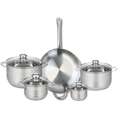 FACKELMANN ELO 9875050 Kochgeschirr-Set, 5-teilig, 1 Bratpfanne 32 cm und 4 Kochtöpfe 14, 16, 20 und 24 cm, Elo Profi, glänzend, Edelstahl, Induktion FACKELMANN ELO 9875050 Kochgeschirr-Set, 5-teilig, 1 Bratpfanne 32 cm und 4 Kochtöpfe 14, 16, 20 und 24 cm, Elo Profi, glänzend, Edelstahl, Induktion