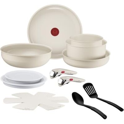 Tefal Ingenio Cerabright 15-teiliges Kochgeschirr-Set, abnehmbarer Griff, platzsparend, stapelbares Design, induktionsgeeignet, Keramik-Antihaftbeschichtung, Beige, L8449834 Tefal Ingenio Cerabright 15-teiliges Kochgeschirr-Set, abnehmbarer Griff, platzsparend, stapelbares Design, induktionsgeeignet, Keramik-Antihaftbeschichtung, Beige, L8449834