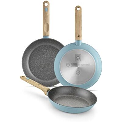 BRA Nordik Set mit 18–22–26 cm großen antihaftbeschichteten tpfannen aus geschmiedetem Aluminium im nordischen Design, geeignet für alle Herdarten, einschließlich Induktion, Farbe Türkis BRA Nordik Set mit 18–22–26 cm großen antihaftbeschichteten tpfannen aus geschmiedetem Aluminium im nordischen Design, geeignet für alle Herdarten, einschließlich Induktion, Farbe Türkis