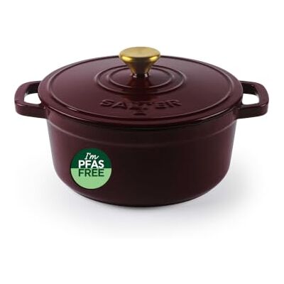 SALTER Chester Gusseisen-Bräter, 24 cm, 3,4 l, Burgunderrot Emailliert, PFAS-frei, selbstbefeuchtender Deckel, ofenfest bis 240 °C, für alle Herdarten inkl. Induktion, hält Wärme SALTER Chester Gusseisen-Bräter, 24 cm, 3,4 l, Burgunderrot Emailliert, PFAS-frei, selbstbefeuchtender Deckel, ofenfest bis 240 °C, für alle Herdarten inkl. Induktion, hält Wärme