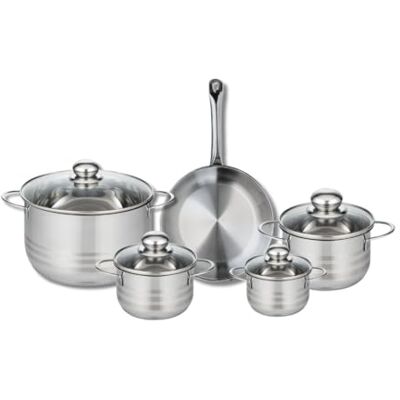 FACKELMANN ELO 9868550 Kochgeschirr-Set, 5-teilig, 1 Bratpfanne 24 cm und 4 Kochtöpfe 12, 14, 16 und 24 cm, Elo Profi, glänzend, Edelstahl, Induktion FACKELMANN ELO 9868550 Kochgeschirr-Set, 5-teilig, 1 Bratpfanne 24 cm und 4 Kochtöpfe 12, 14, 16 und 24 cm, Elo Profi, glänzend, Edelstahl, Induktion