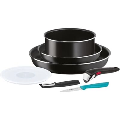 Tefal Ingenio 7-teiliges Kochgeschirr-Set, Pfannen, Topf und Deckel, luftdicht, Schäler, Officemesser, abnehmbarer Griff, stapelbares Design, spülmaschinengeeignet, Essential L1549002 Tefal Ingenio 7-teiliges Kochgeschirr-Set, Pfannen, Topf und Deckel, luftdicht, Schäler, Officemesser, abnehmbarer Griff, stapelbares Design, spülmaschinengeeignet, Essential L1549002